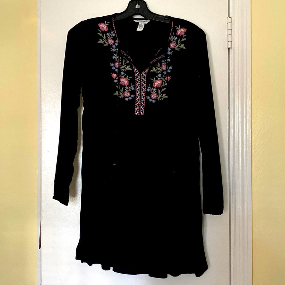 Long Sleeve Black Embroidered Peasant Dress